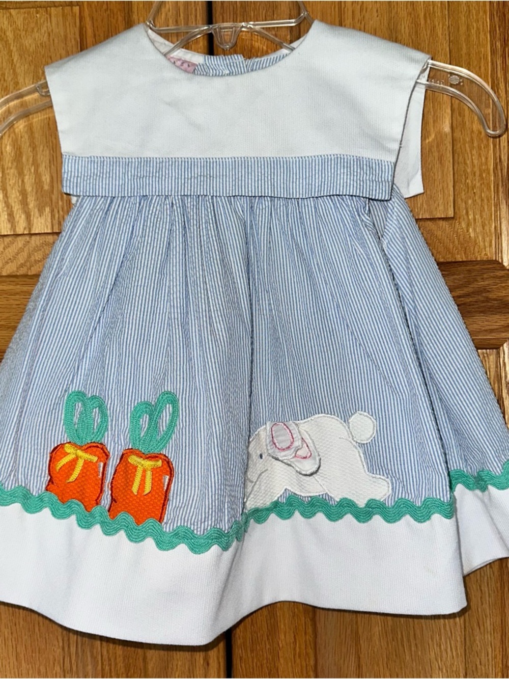 Samara Blue Seersucker Baby Dress with Bunny and Carrot Embroidery 18 months